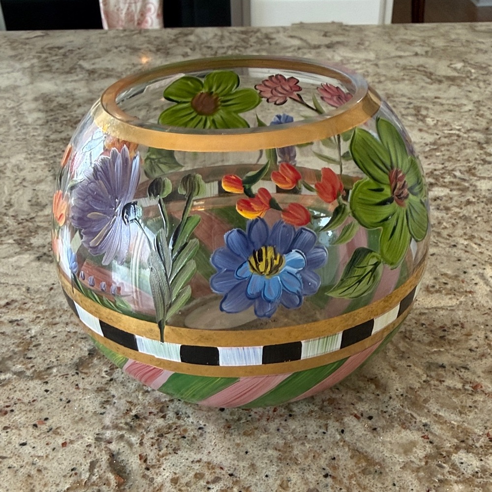 Mackenzie Childs Floral Glass Round Vase